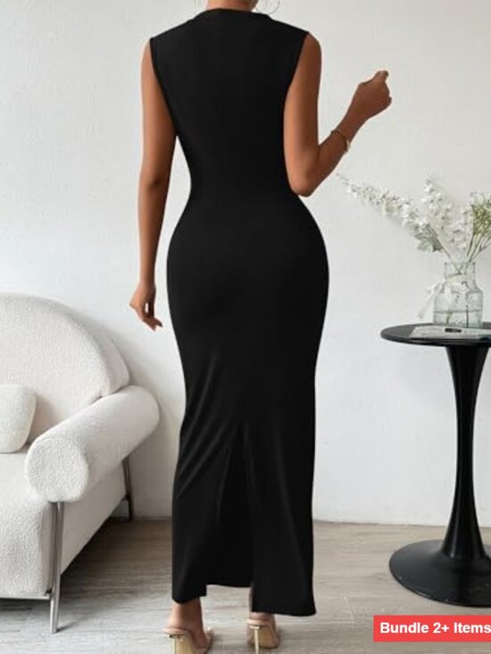 Ruched Bodycon Maxi Dress Sleeveless Back Slit Cocktail Party Evening - Picture 4 of 7